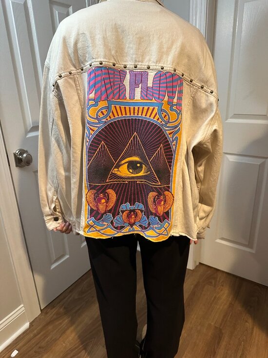 Jackets & Blazers - Pink Floyd Upcycled Beige Studded Oversized Jean Jacket